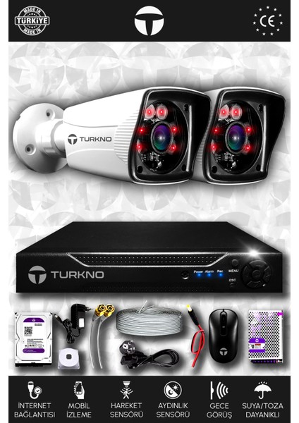 2 Kameralı Karia 2 Dış Kamera Set 100 GB HDD Full Hd Gece Görüşlü Güvenlik Kamerası Sistemi