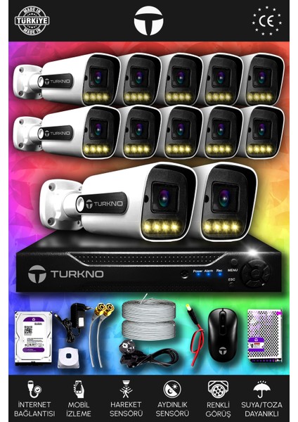 12 Kameralı Navie 12 Dış Kamera Set 100 GB HDD Full Hd Renkli Gece Görüşlü Güvenlik Kamerası Sistemi