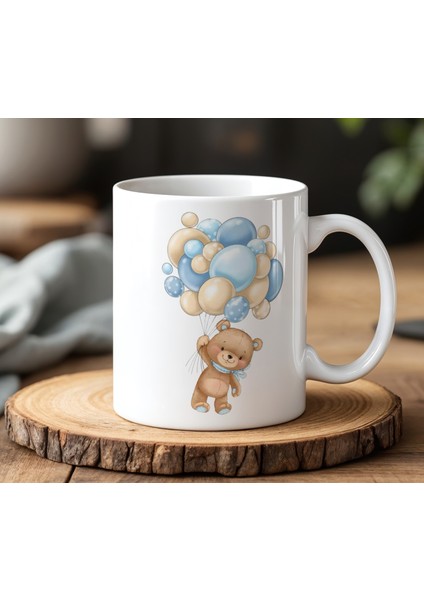 BB Desing Balon Tutan Ayıcık Tasarımlı Beyaz Seramik Baskılı Kupa Bardak 330 ml