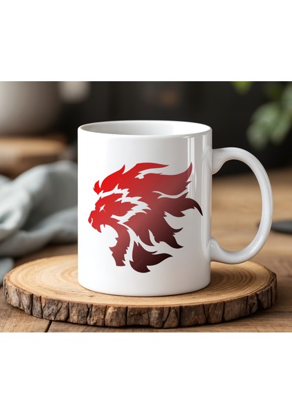 BB Desing Kırmızı Aslan Tasarımlı Beyaz Seramik Baskılı Kupa Bardak 330 ml