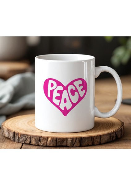 BB Desing Kalpli Peace Tasarımlı Beyaz Seramik Baskılı Kupa Bardak 330 ml