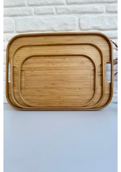 3'lü Dikdörtgen Şık Ince Bambu Tepsi Sunum Çay Kahvaltılık ve Sunum Tepsi Seti