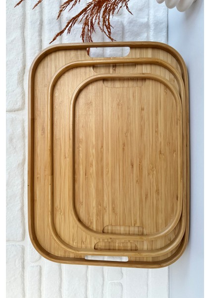 3'lü Dikdörtgen Şık Ince Bambu Tepsi Sunum Çay Kahvaltılık ve Sunum Tepsi Seti modelleri