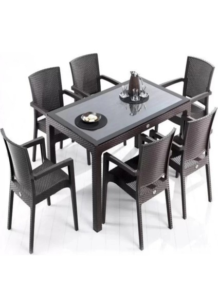 Rattan Efektli Camlı Masa Takımı 6 Kişilik Kahverengi Y572