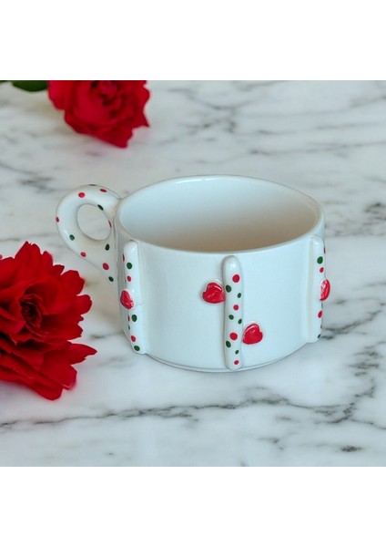 Mshandmade El Yapımı Seramik Çay Kahve Kupası Duble Türk Kahvesi Fincanı Kupa, Kalpli Mug