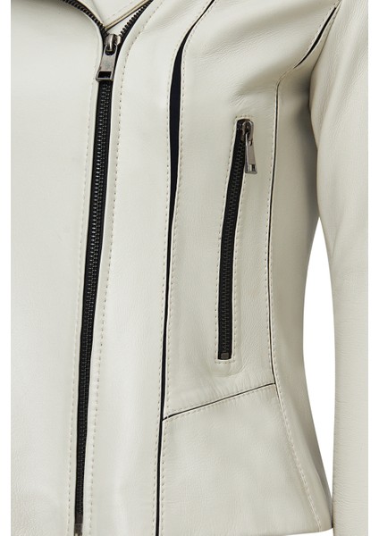 Kiara Kadın Bej Slim-Fit Biker Deri Ceket 24WGD5859U4