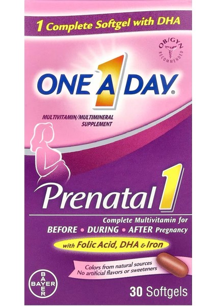 Women's Prenatal 1 Multivitamin Including Vitamin A, Vitamin C, Vitamin D, B6, B12, Iron, Omega-3 Dha & More – 30 Count