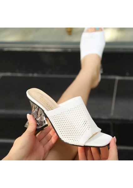 Akva Beyaz Triko Şeffaf Topuklu Terlik indirimleri