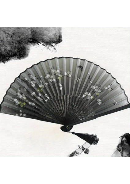 Yelpaze Bambu Kumaş Serinletici Vintage Siyah Bahar Dalı Kelebekli Şık Dekorasyon Püsküllü Japon Yelpaze 0143