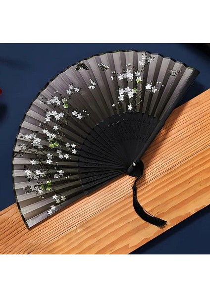 Yelpaze Bambu Kumaş Serinletici Vintage Siyah Bahar Dalı Kelebekli Şık Dekorasyon Püsküllü Japon Yelpaze 0143