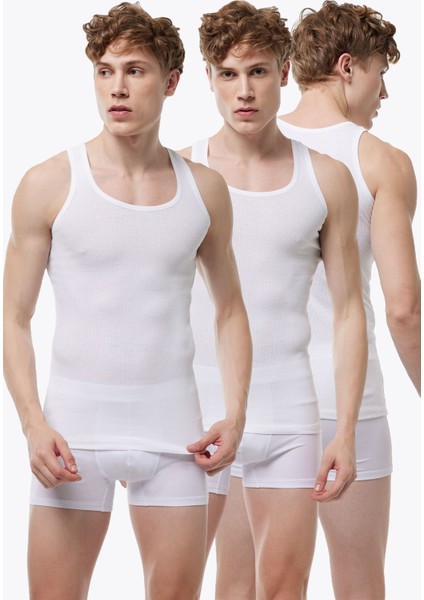 Erkek 3 Lü Beyaz %100 Pamuk Yazlık Fileli Atlet 3M081