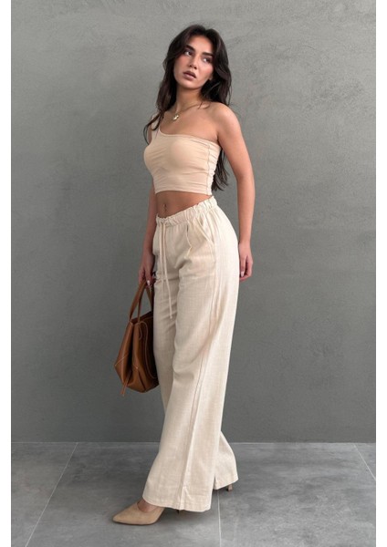 Bej Beli Büzgülü Wide Leg Kumaş Pantolon MG1950