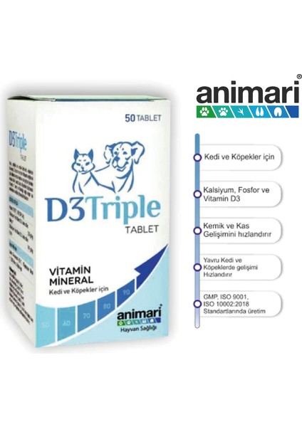 D3 Triple Kedi ve Köpekler İçin Vitamin D3 Kalsiyum ve Fosfor 50 Tablet