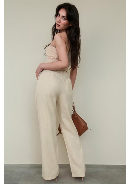 Bej Beli Büzgülü Wide Leg Kumaş Pantolon MG1950 fiyatları
