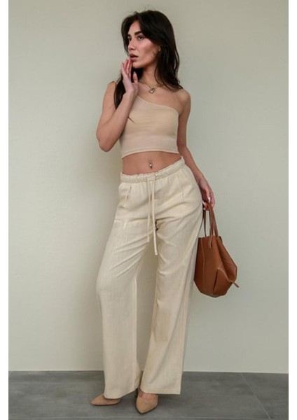 Bej Beli Büzgülü Wide Leg Kumaş Pantolon MG1950 modelleri