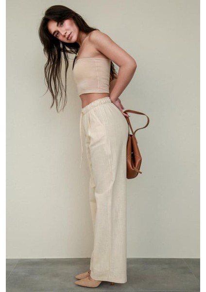 Bej Beli Büzgülü Wide Leg Kumaş Pantolon MG1950 fırsatları