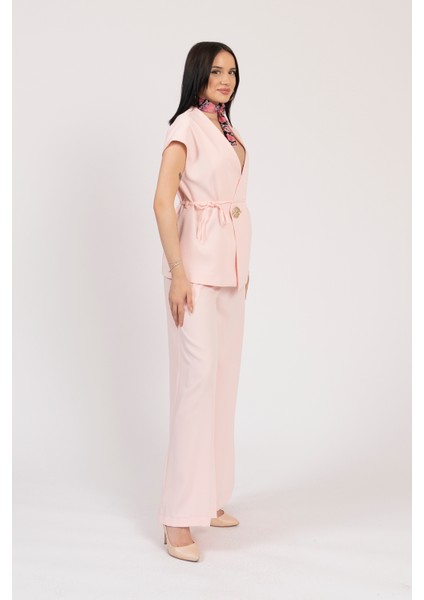 Fleto Detay Bağlamalı Yelek ve Kemerli Beli Lastikli Pantolon Takım 1216 modelleri