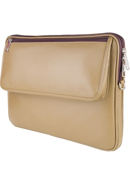 S.Deri Laptop Çantası,Tablet Çantası,13.3'' Inç,Vegan,Omuz ve Valiz Askılı,Aksesuar ve Evrak Cepli,24*34*2 cm.,Vizon