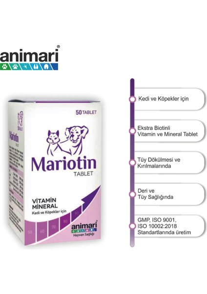 Mariotin Kedi ve Köpekler İçin Vitamin Mineral Tablet 50 adet