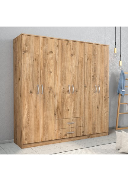 Nisa 6 Kapılı 2 Çekmeceli 7 Raflı Geniş Gardrop Çam - GRD1102
