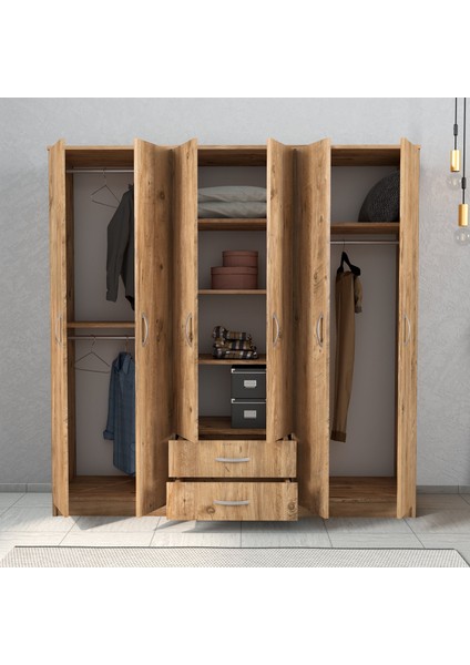 Nisa 6 Kapılı 2 Çekmeceli 7 Raflı Geniş Gardrop Çam - GRD1102