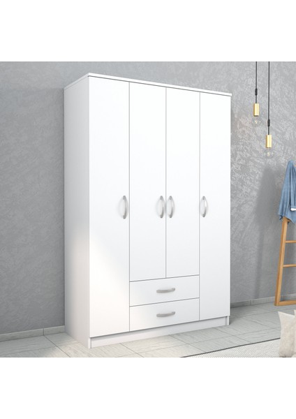 Nisa 4 Kapılı 2 Çekmeceli 10 Raflı Geniş Gardrop Beyaz - GRD1001