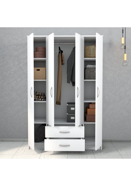 Nisa 4 Kapılı 2 Çekmeceli 10 Raflı Geniş Gardrop Beyaz - GRD1001