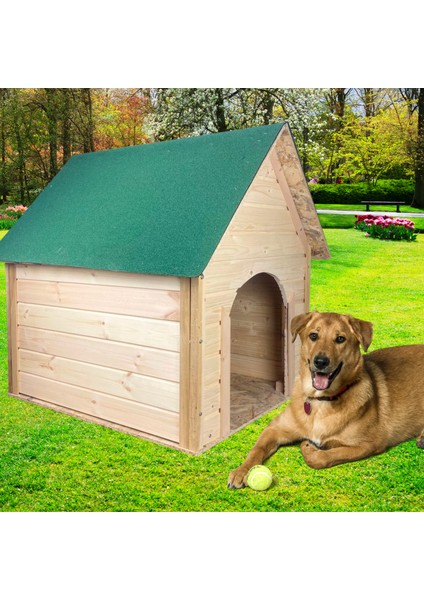 Pet Suya Soğuğa Dayanıklı Lüks Büyük Boy Ahşap Köpek Kulubesi Sokak Köpek Evi Yeşil Çatılı 100X100X78 cm