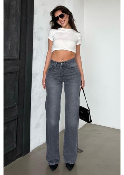 Gri Yüksek Bel Kadın Wide Leg Pantolon MG2388