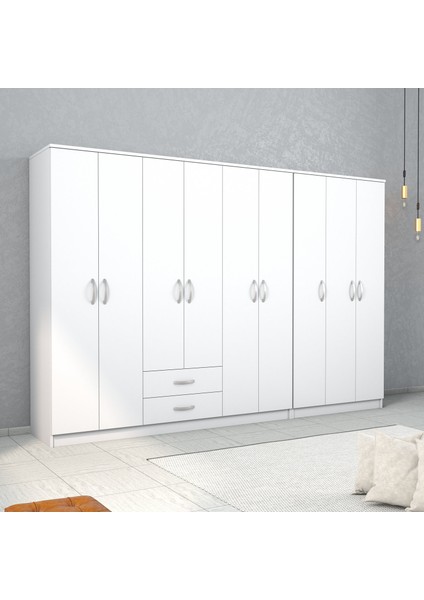 Nisa 9 Kapılı 2 Çekmeceli 13 Raflı Geniş Gardrop Beyaz - GRD1301