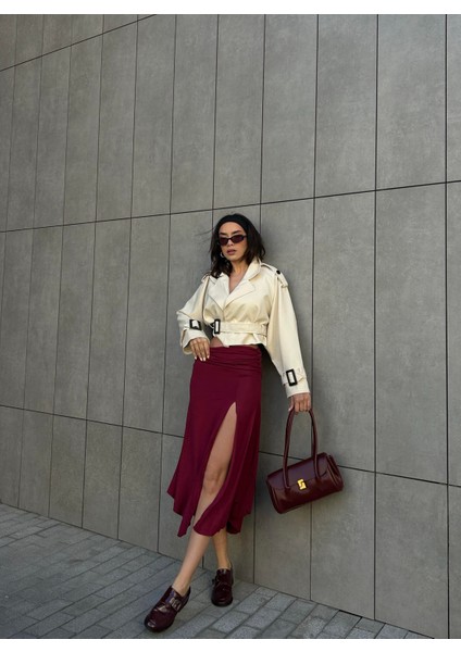 Kadın Bordo Derin Yırtmaçlı Beli Büzgülü Penye Etek 29114