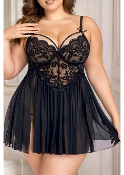 Siyah Büyük Beden Gecelik String Kulot G3083