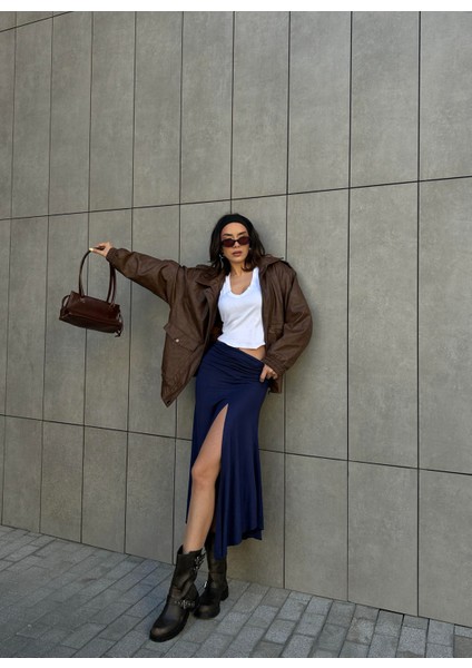 Kadın Lacivert Derin Yırtmaçlı Beli Büzgülü Penye Etek 29114