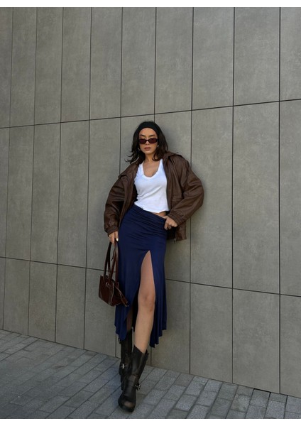 Kadın Lacivert Derin Yırtmaçlı Beli Büzgülü Penye Etek 29114 modelleri