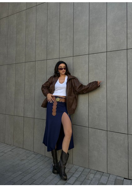 Kadın Lacivert Derin Yırtmaçlı Beli Büzgülü Penye Etek 29114 fırsatları