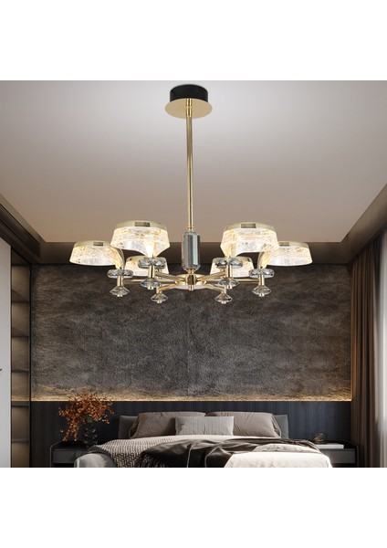 Ekerd 6'lı Gold 50 Watt Yuvarlak Kristalli Modern Sarkıt Salon LED Avize