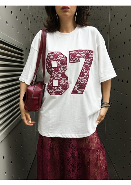 Kadın Bordo Dantel Nakışlı Oversize T-Shirt 29055
