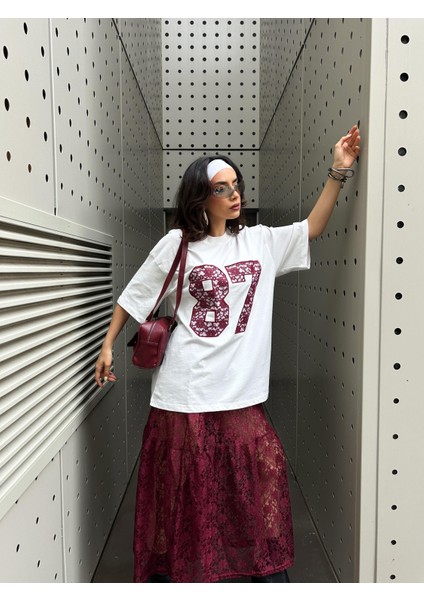 Kadın Bordo Dantel Nakışlı Oversize T-Shirt 29055 fiyatları