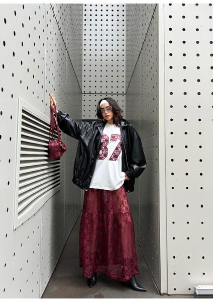 Kadın Bordo Dantel Nakışlı Oversize T-Shirt 29055 modelleri