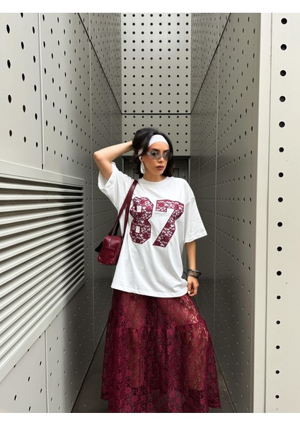 Kadın Bordo Dantel Nakışlı Oversize T-Shirt 29055 indirimleri