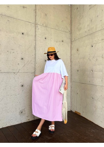 Kadın Pembe Üstü Penye Altı Çizgili Dokuma Kumaş Uzun Oversize Elbise 29169 modelleri