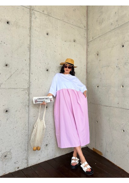 Kadın Pembe Üstü Penye Altı Çizgili Dokuma Kumaş Uzun Oversize Elbise 29169 fırsatları