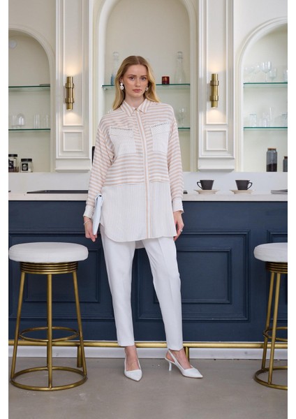 Premium By Moodbasic Taşlı Çizgili Saten Tunik