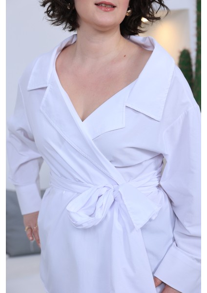 Düşük Omuz Bel Bağlamalı Beyaz Poplin Gömlek fiyatları