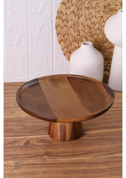 Akasya Ağacından Yuvarlak Ahşap Sunumluk Pasta Servis Tabağı 25 cm