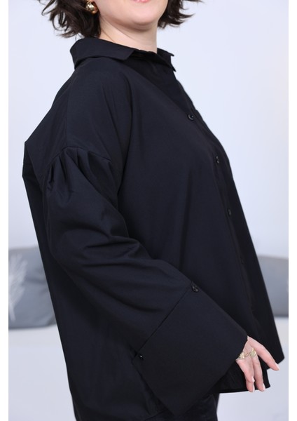 Kalın Manşetli Cepli Oversize Siyah Poplin Gömlek