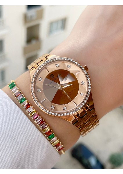 Rosegold Renk Kesme Camlı Kadın Kol Saati ve Bileklik