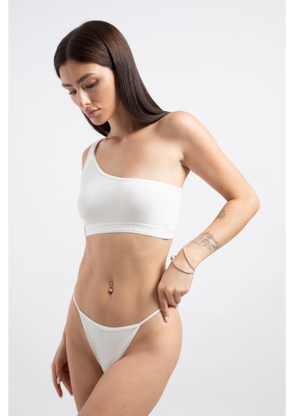 Pamuklu ve Likralı Lastikli Kaşkorse Fitilli Kadın V-String