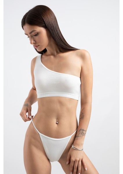 Pamuklu ve Likralı Lastikli Kaşkorse Fitilli Kadın V-String