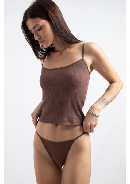 Pamuklu ve Likralı Lastikli Kaşkorse Fitilli Kadın V-String